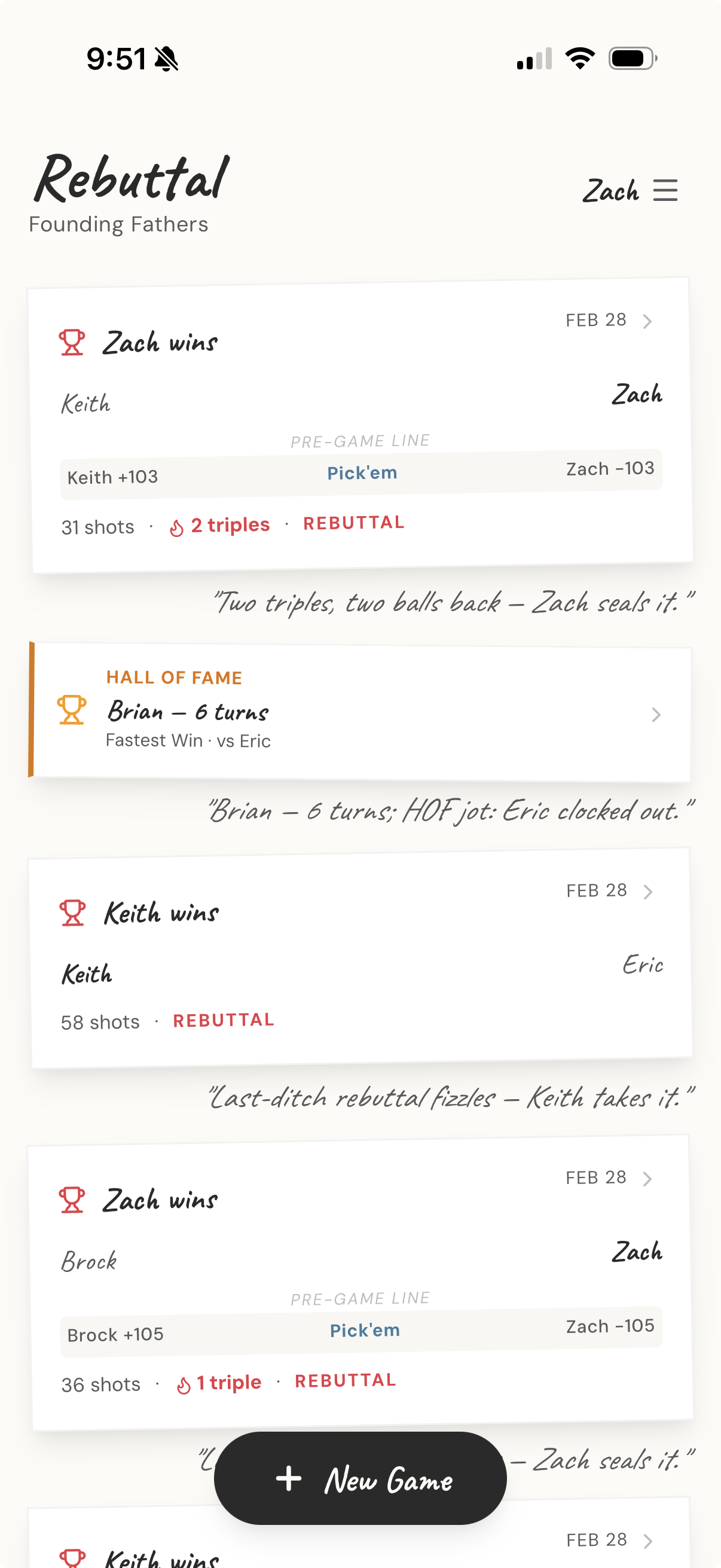 Game feed with results and odds